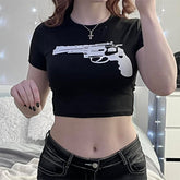 Bxoxo Streetwear vintage Y2K Women Crop Tops Gothic Aesthetic Geometric Pattern Print Hip Hop Casual Slim Harajuku Punk Emo Girls Tops